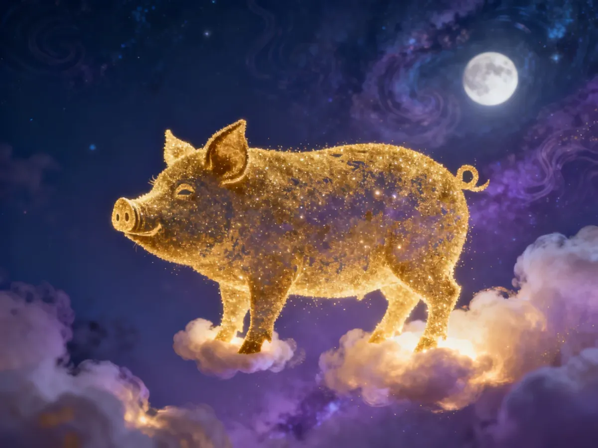Surrealistyczna sylwetka świni z gwiezdnego pyłu na tle nocnego nieba, symbolizująca mistyczny wymiar snów.