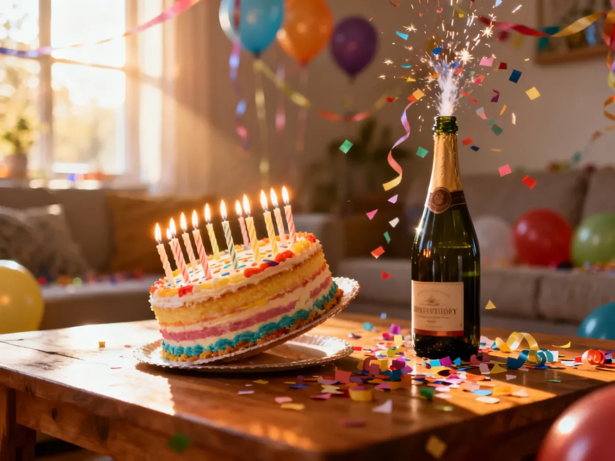 Urodzinowy tort z 35 świeczkami oraz wystrzelony szampan na tle kolorowych balonów i dekoracji.