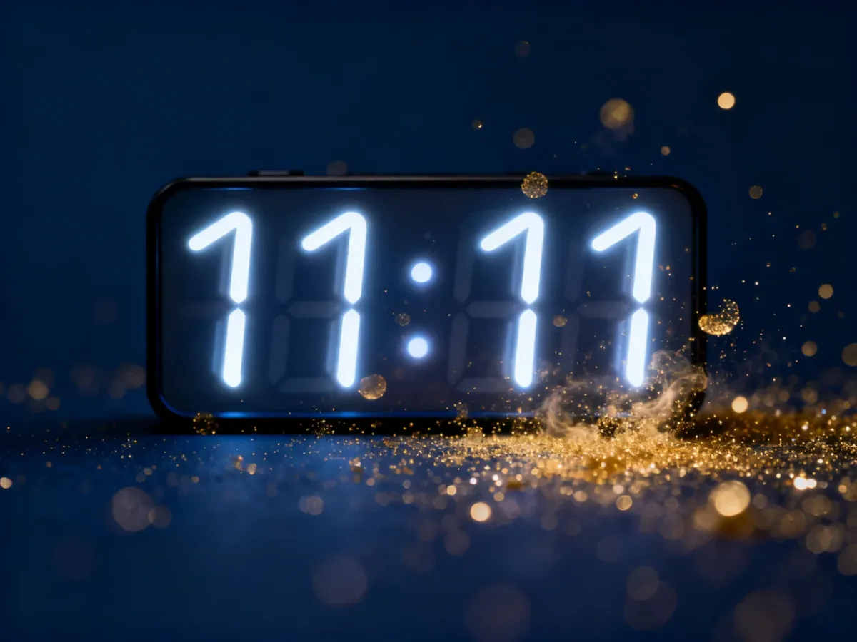 Minimalistyczny zegar cyfrowy wyświetlający godzinę 11:11 w otoczeniu złotego pyłu na ciemnoniebieskim tle.
