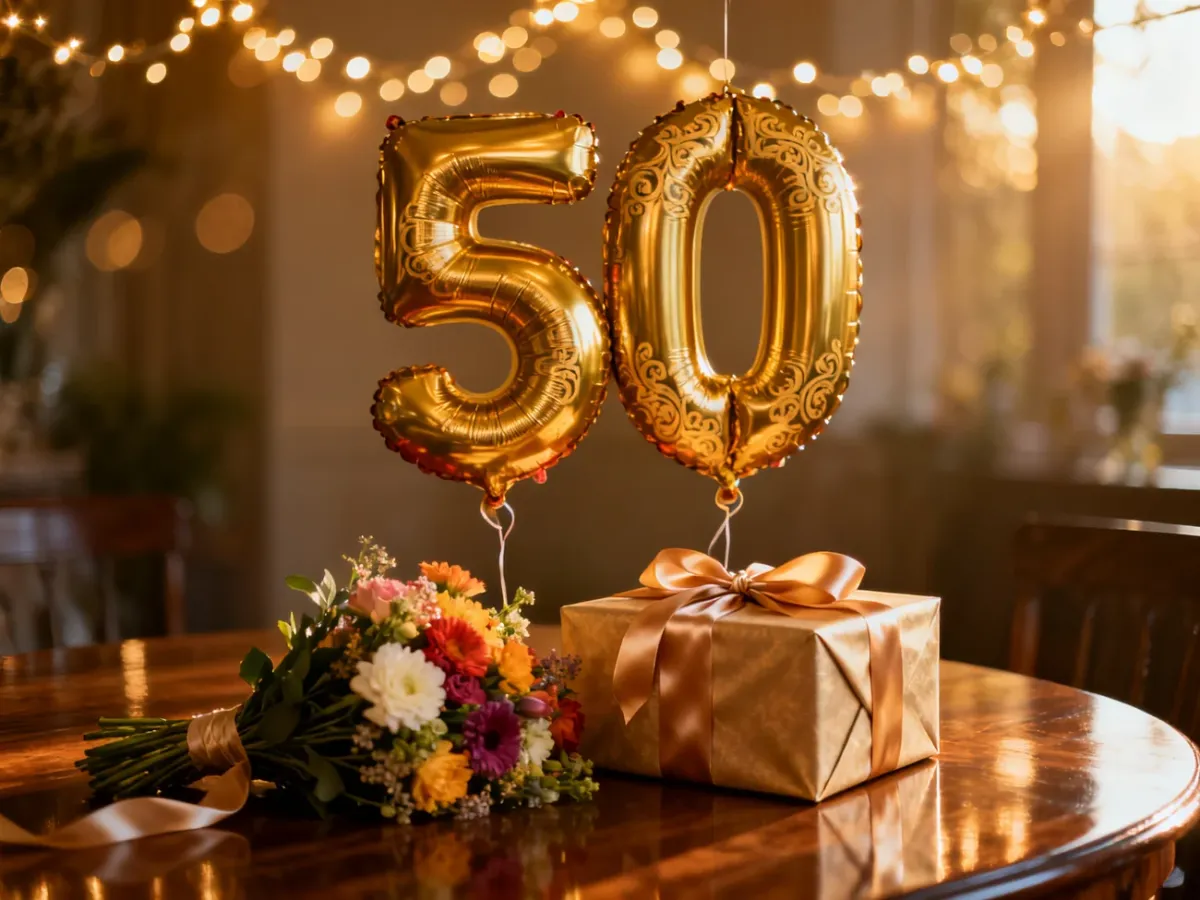 Złoty balon z liczbą 50, prezent i kwiaty na stole, tworzące uroczystą atmosferę z okazji jubileuszu.