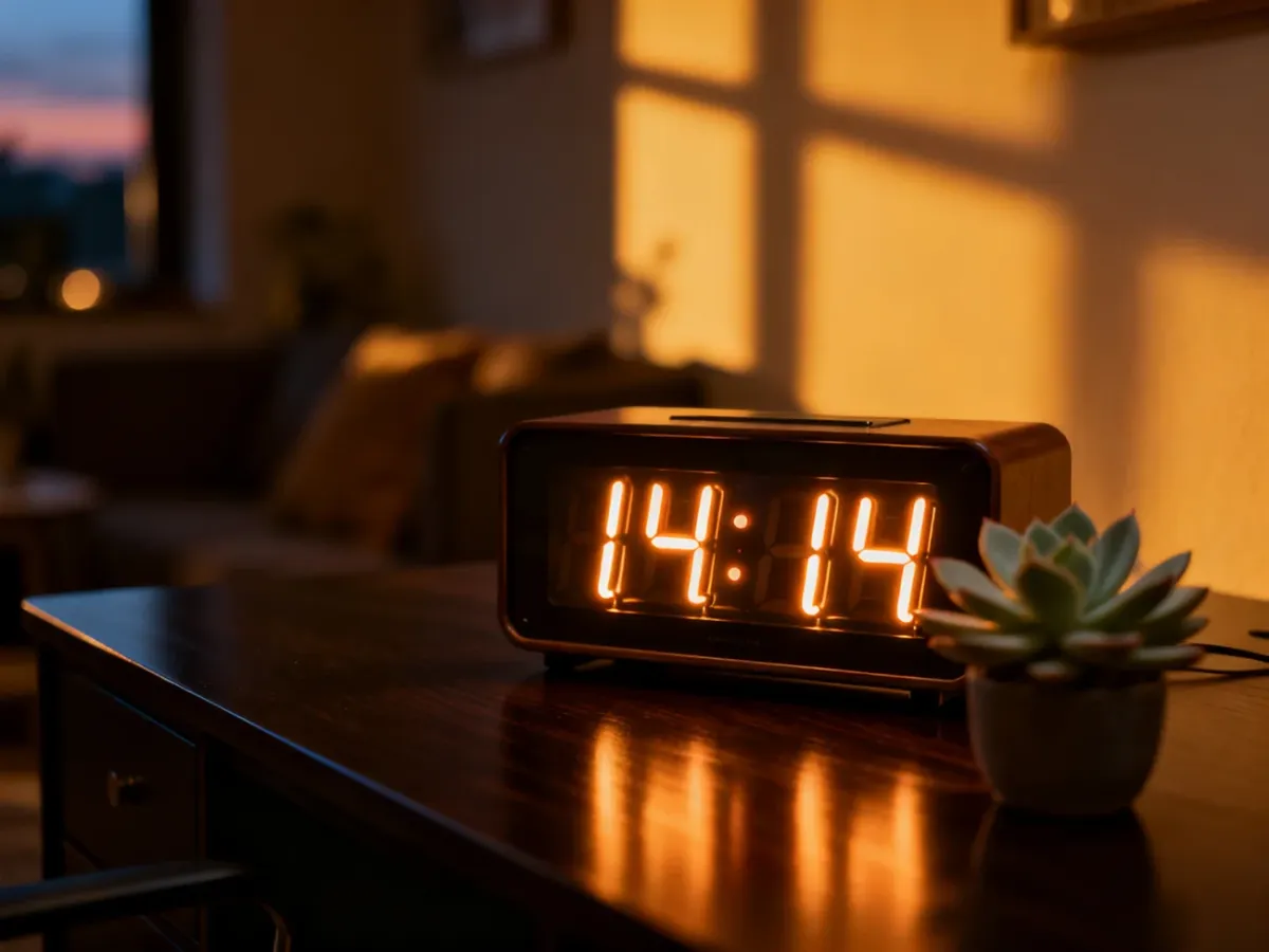 Zegar cyfrowy wyświetlający godzinę 14:14 w przytulnym, wieczornym wnętrzu z rośliną na biurku.