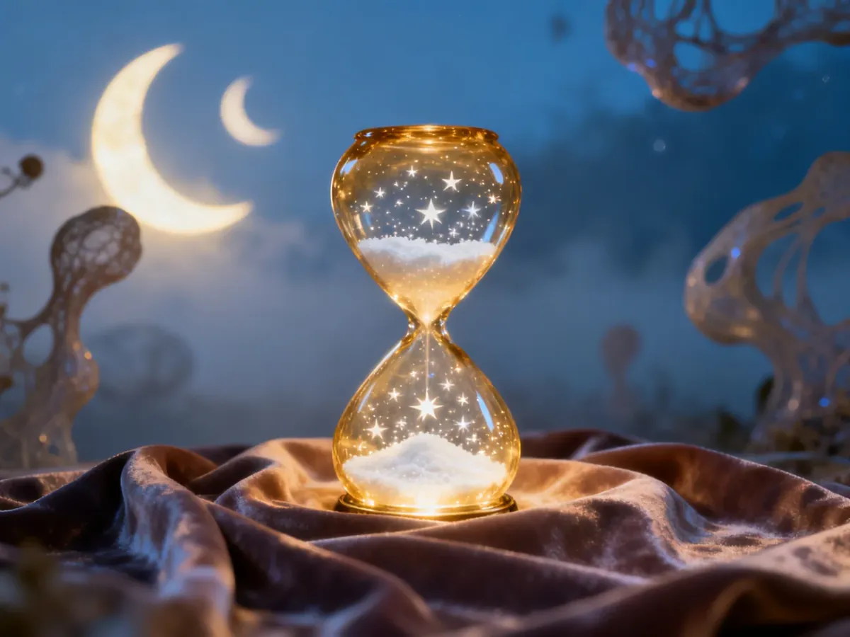 Złota klepsydra z gwiezdnym pyłem na tle nocnego nieba, symbolizująca mistyczny i oniryczny charakter snów o ciąży.