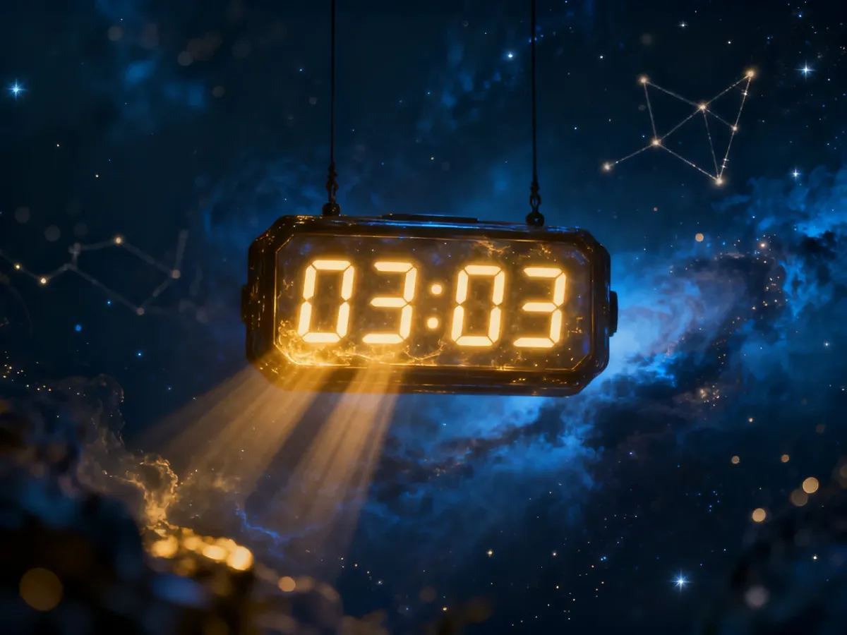 Cyfrowy zegar wyświetlający godzinę 03:03, otoczony złotym blaskiem na tle mistycznej, kosmicznej przestrzeni.