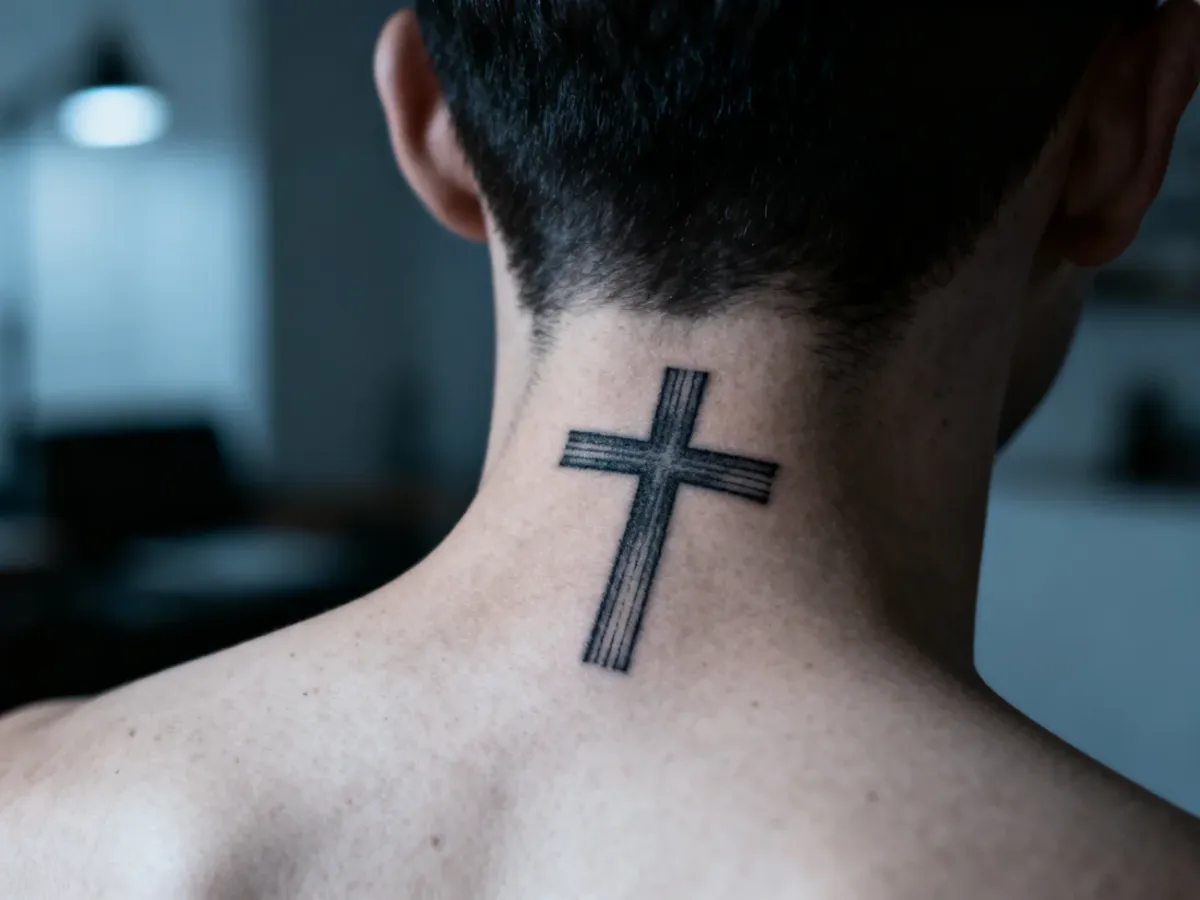 Minimalistyczny tatuaż w kształcie krzyża wykonany cienką linią na karku w stylu czarno-szarym.