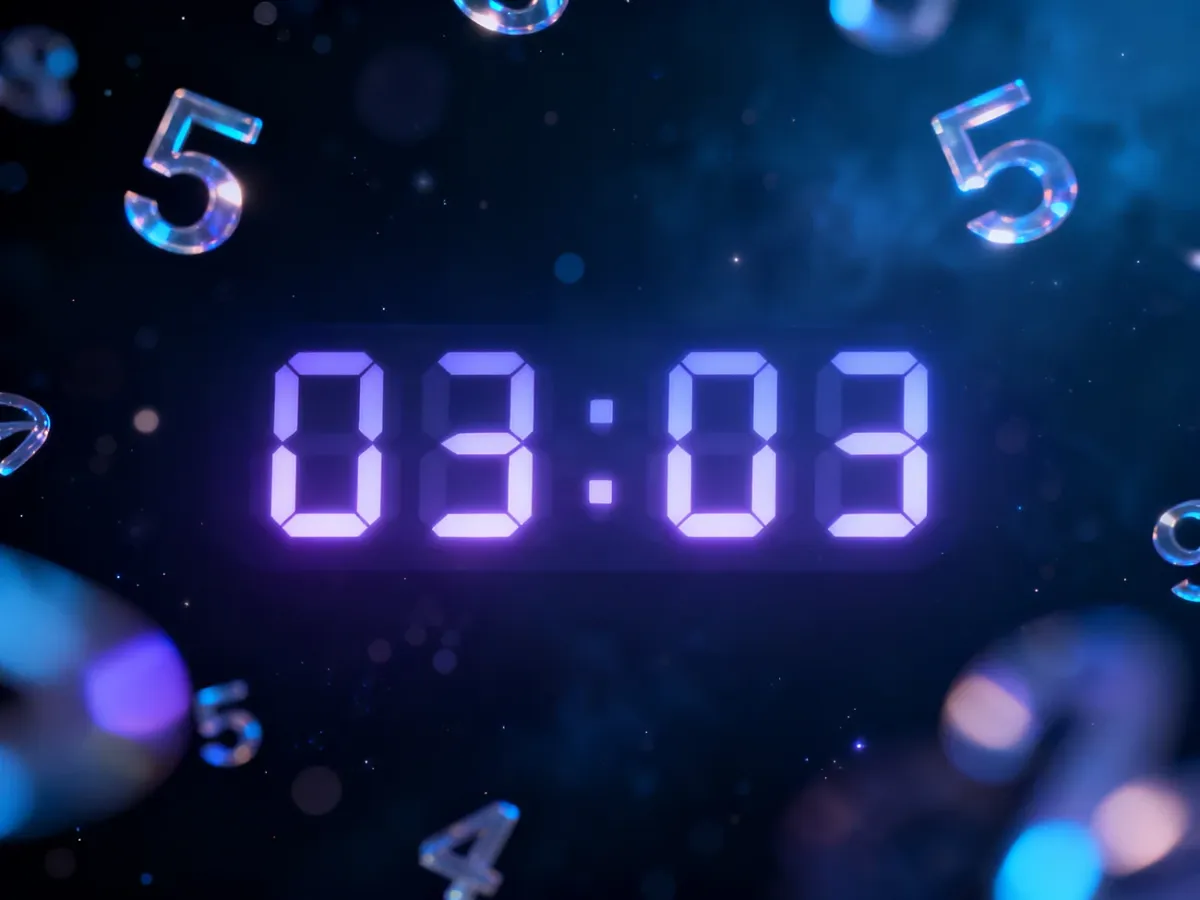 Cyfrowy zegar wyświetlający godzinę 03:03 w mistycznej, kosmicznej scenerii z fioletowymi i niebieskimi refleksami.