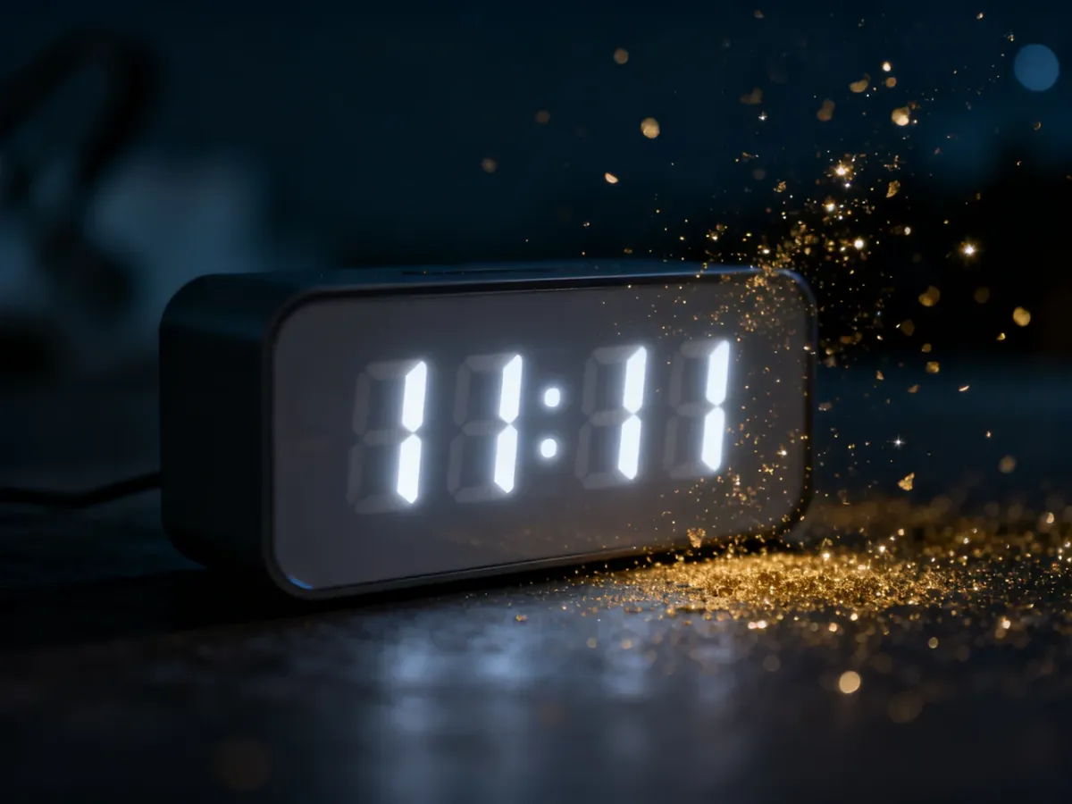 Cyfrowy zegar wyświetlający godzinę 11:11 w otoczeniu złotego pyłu, symbolizujący magiczną synchroniczność.
