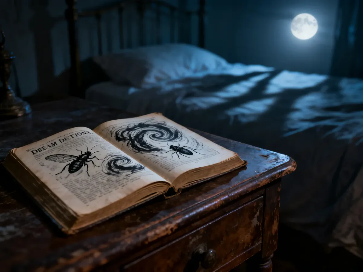 Antyczny sennik z ilustracjami owadów leżący na nocnej szafce w świetle księżyca, budujący tajemniczy i niepokojący nastrój.