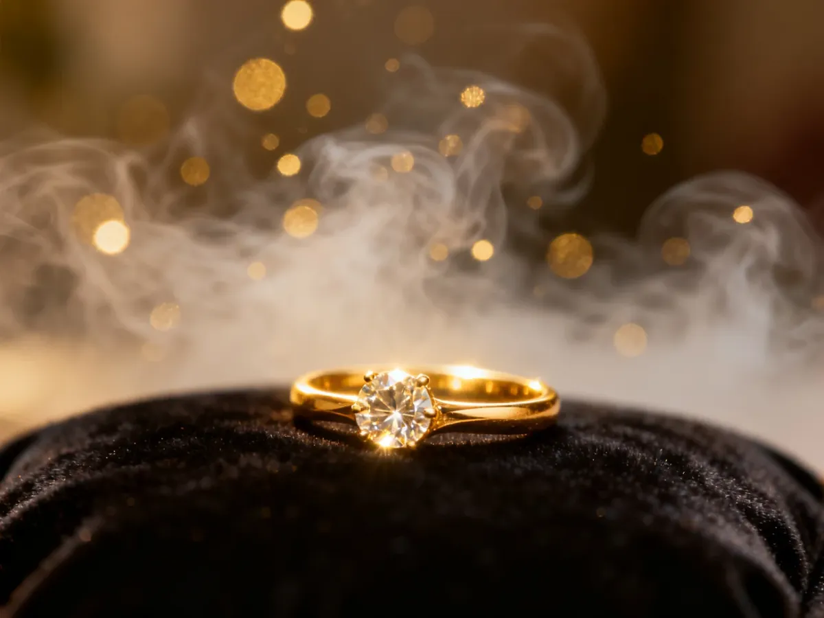 Elegancki złoty pierścionek z diamentem na aksamitnym tle, otoczony mistyczną, złotą aurą w sennym klimacie.