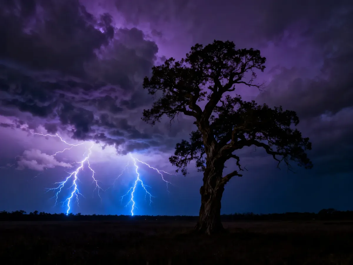 Potężne wyładowania atmosferyczne na nocnym niebie nad ciemnym krajobrazem z sylwetką drzewa.