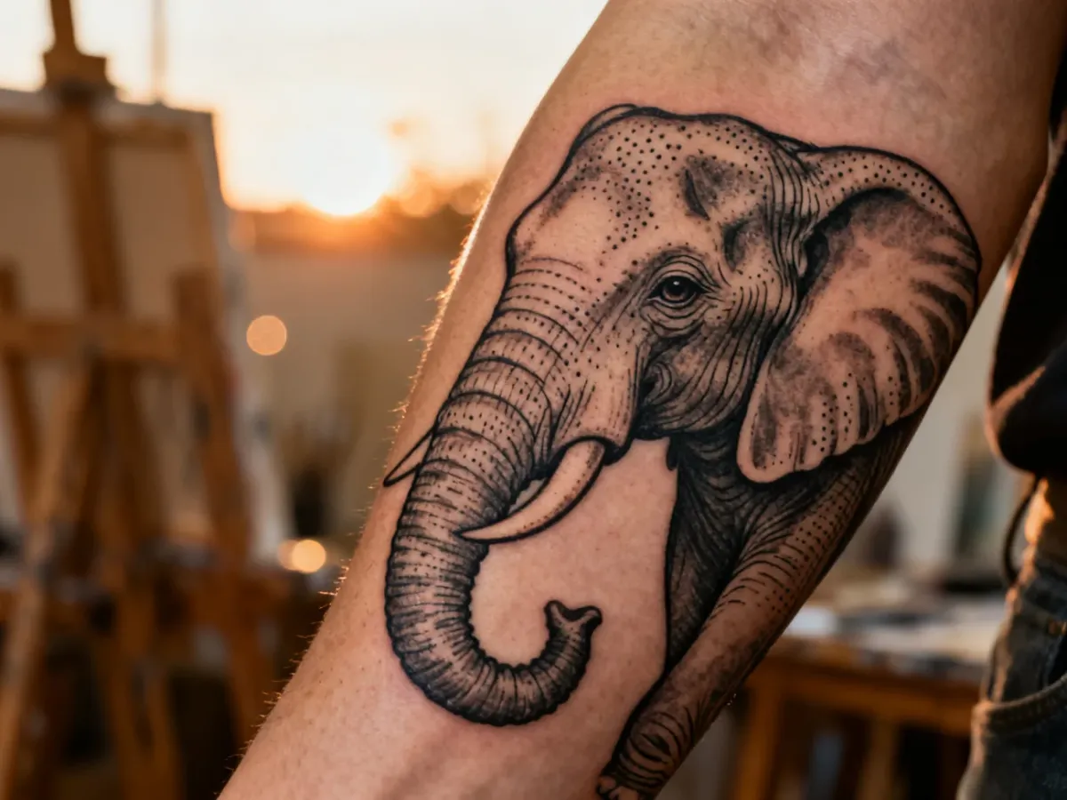 Szczegółowy tatuaż słonia na przedramieniu, wykonany techniką dotwork, symbolizujący mądrość i siłę.
