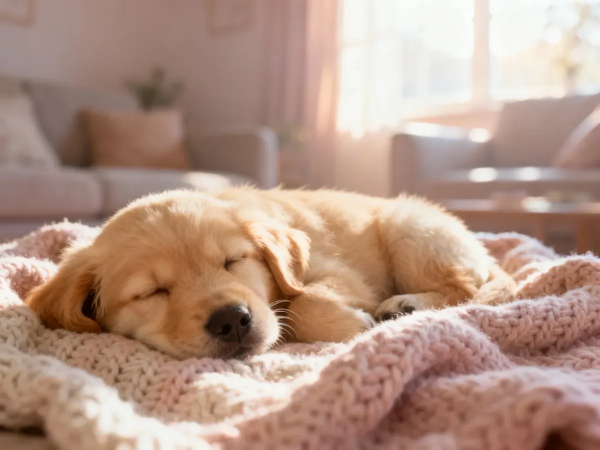 Mały, puszysty szczeniak golden retriever śpiący na miękkim, wełnianym kocu w ciepłym, słonecznym świetle.