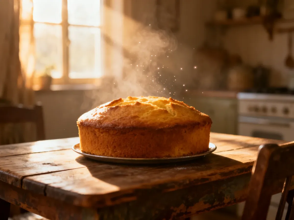 Świeżo upieczone ciasto na drewnianym stole w przytulnej, nasłonecznionej kuchni w stylu rustykalnym.