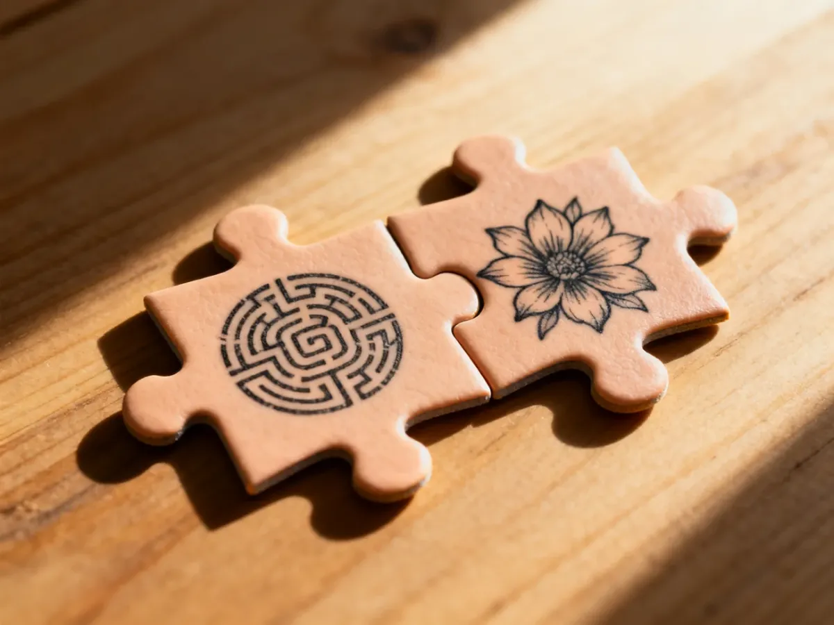Dwa elementy puzzli z tatuażem labiryntu i kwiatu, symbolizujące głębię i znaczenie wzoru na skórze.