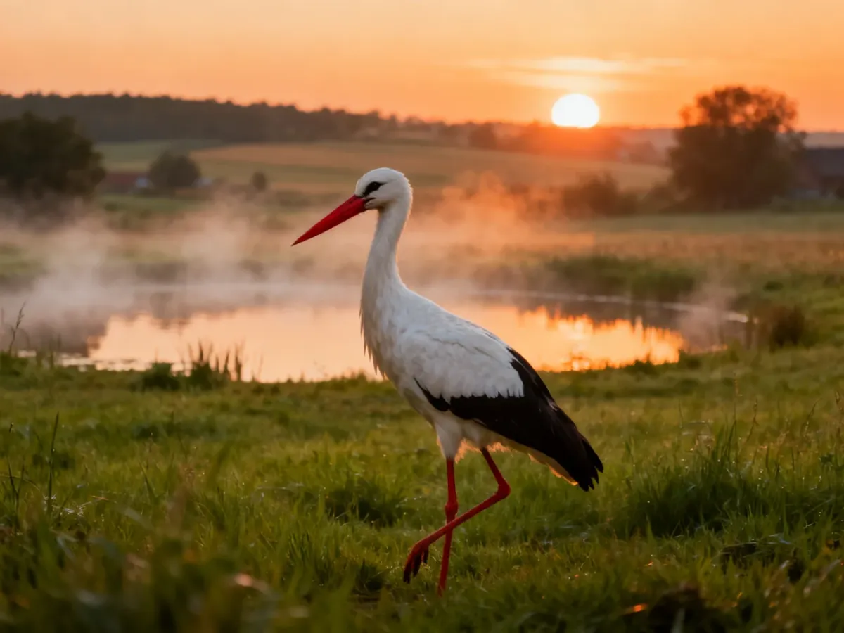 Dostojny bocian stojący na zielonej łące o zachodzie słońca, symbolizujący spokój i naturę w kontekście interpretacji snów.