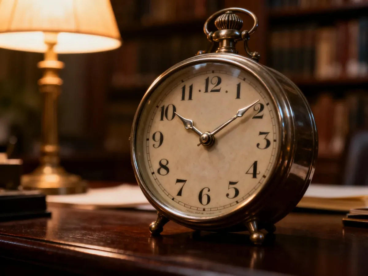 Zegar analogowy wskazujący godzinę 04:04 na tle przytulnego, lekko rozmytego wnętrza biblioteki.