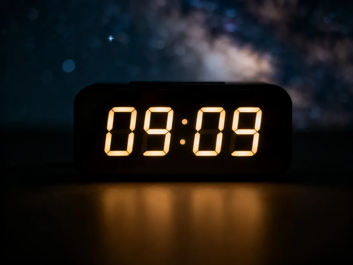 Minimalistyczny zegar cyfrowy wyświetlający godzinę 09:09 w ciepłym, złotym świetle na tle rozgwieżdżonego nieba.