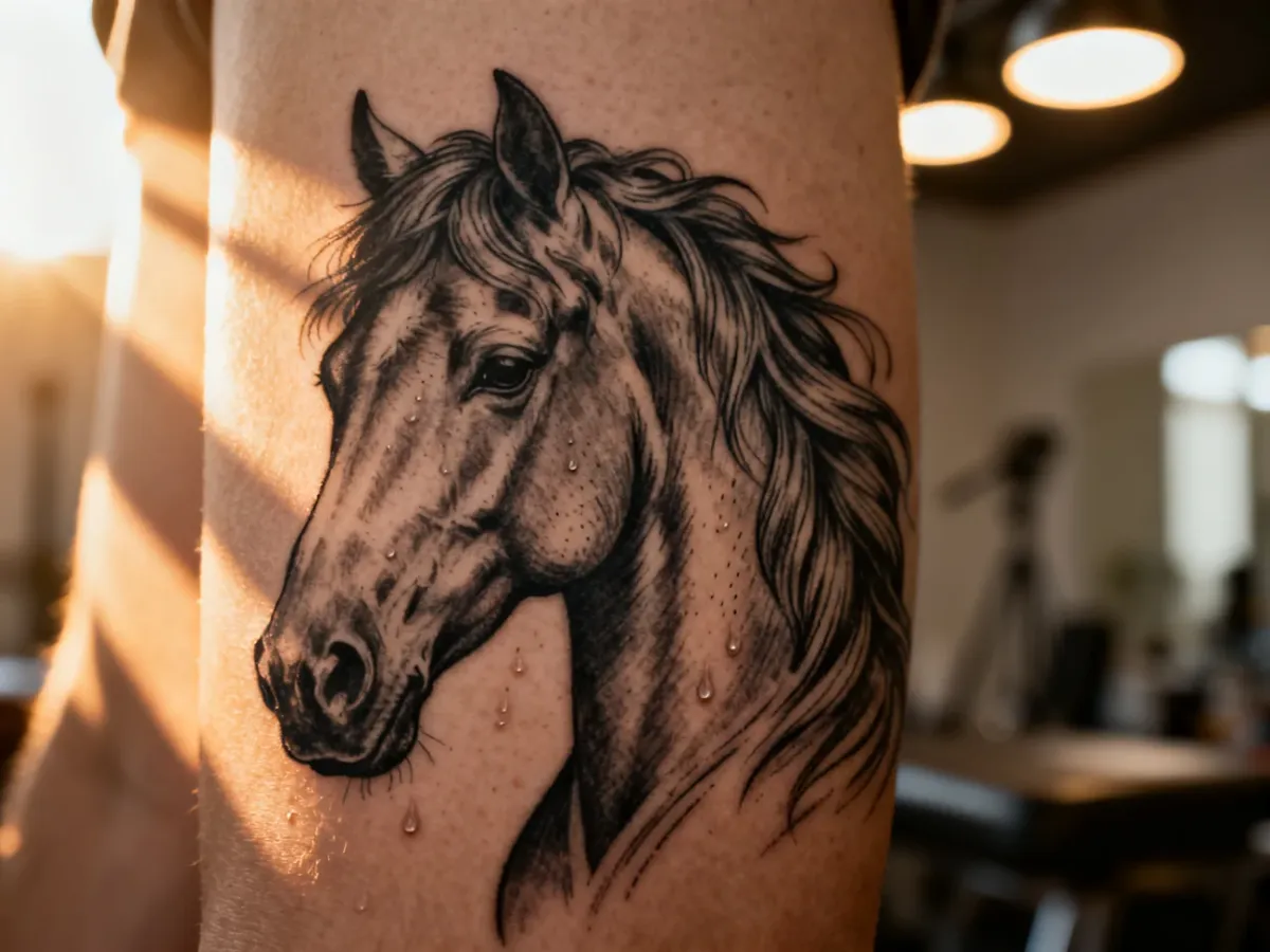 Zbliżenie na precyzyjny, czarno-biały tatuaż głowy konia z detalami grzywy wykonany w stylu realistycznym.