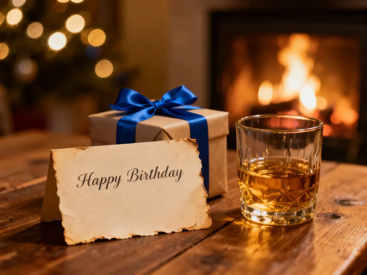 Elegancki prezent, kartka urodzinowa i szklanka whisky na drewnianym stole w przytulnym, wieczornym klimacie.
