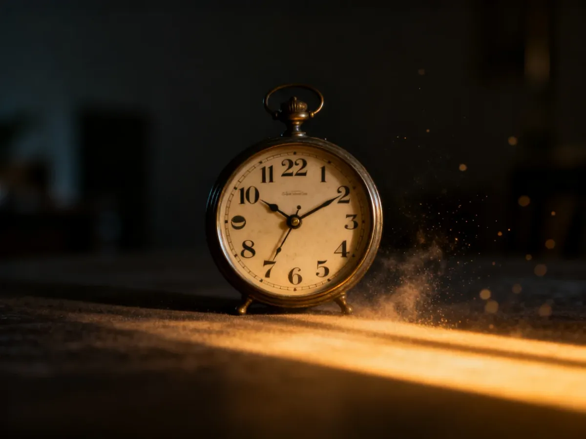 Elegancki zegar ścienny wskazujący godzinę 22:22 w nastrojowym, ciepłym oświetleniu.