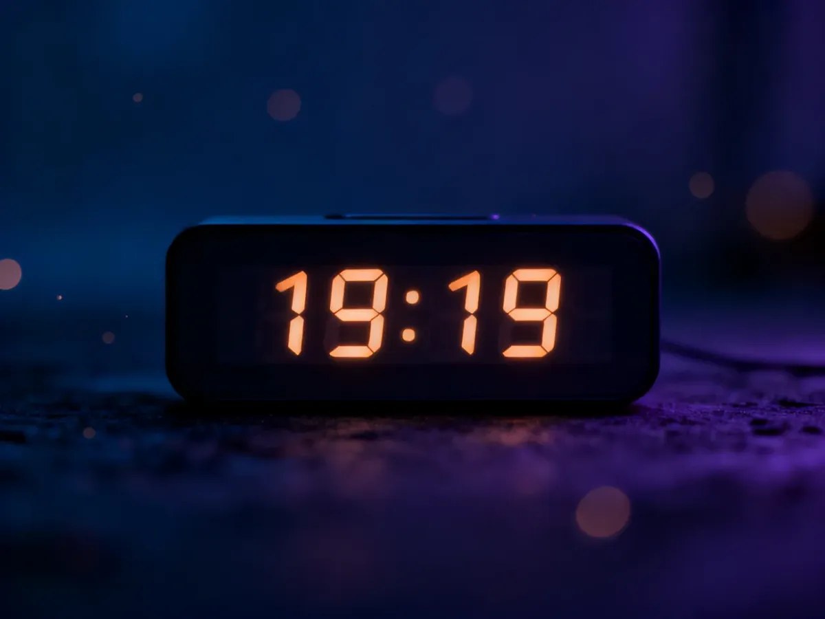 Cyfrowy zegar wyświetlający godzinę 19:19 na ciemnym, nastrojowym tle z delikatnymi świetlnymi refleksami.