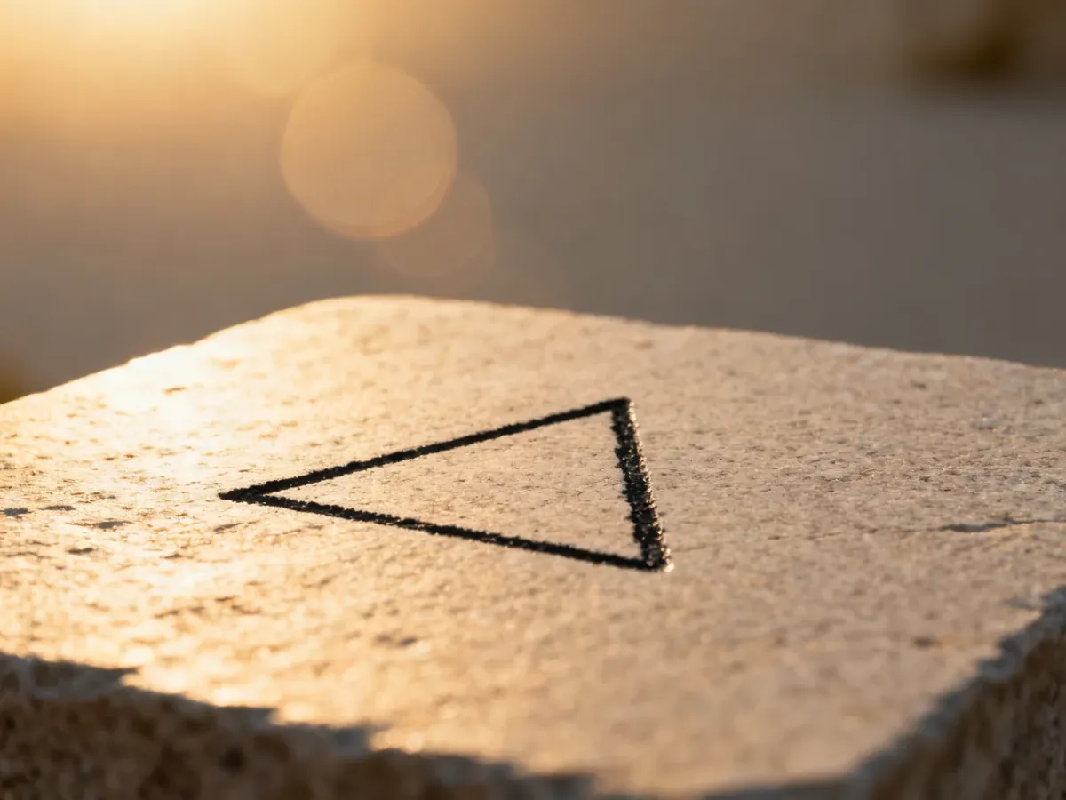 Minimalistyczny symbol trójkąta wyryty na kamiennej powierzchni w ciepłym świetle zachodzącego słońca.