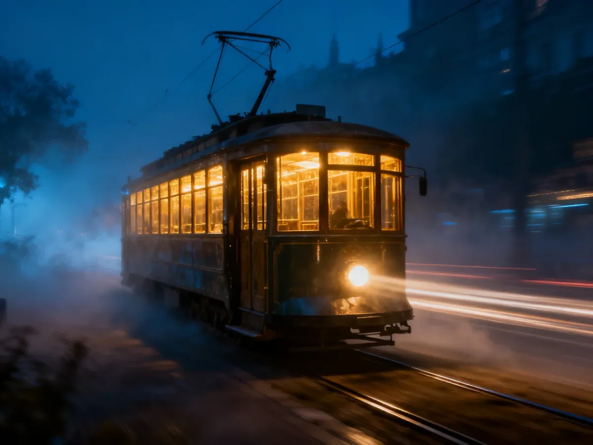 Zabytkowy tramwaj oświetlony ciepłym światłem, jadący przez nocne, zamglone miasto w surrealistycznym klimacie.