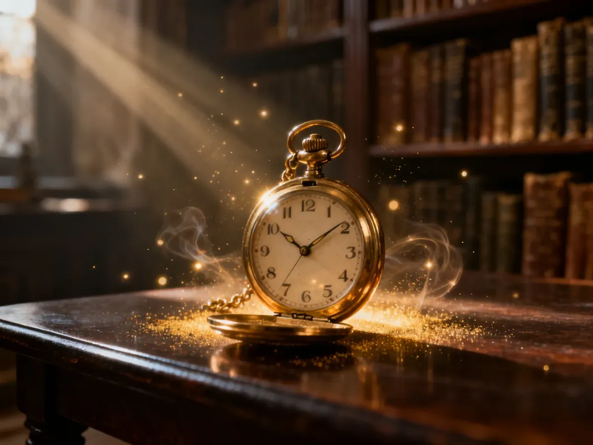 Złoty zegarek kieszonkowy wskazujący godzinę 10:10 w otoczeniu magicznego pyłu i klimatycznej biblioteki.